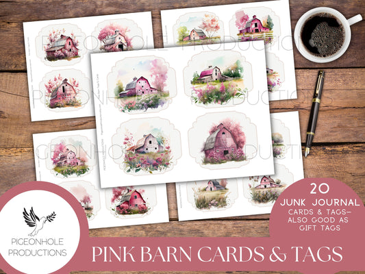 Pink Barn Junk Journal Cards & Tags, PRINTABLE, 20 cards and tags for Autumn and Fall journaling and paper crafting projects, gift tags