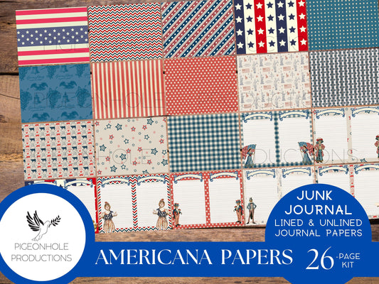 Americana Junk Journal Papers, PRINTABLE, 26 vintage style lined & unlined sheets with patriotic images, for handmade junk journals, crafts