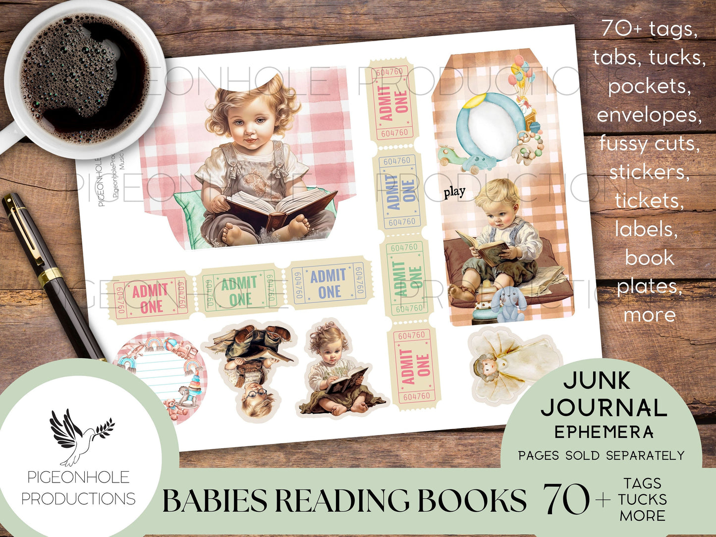 Babies Reading Books Junk Journal EPHEMERA, PRINTABLE, 70+ tags, tucks, pockets, envelopes, fussy cuts, stickers, tickets, labels, more!