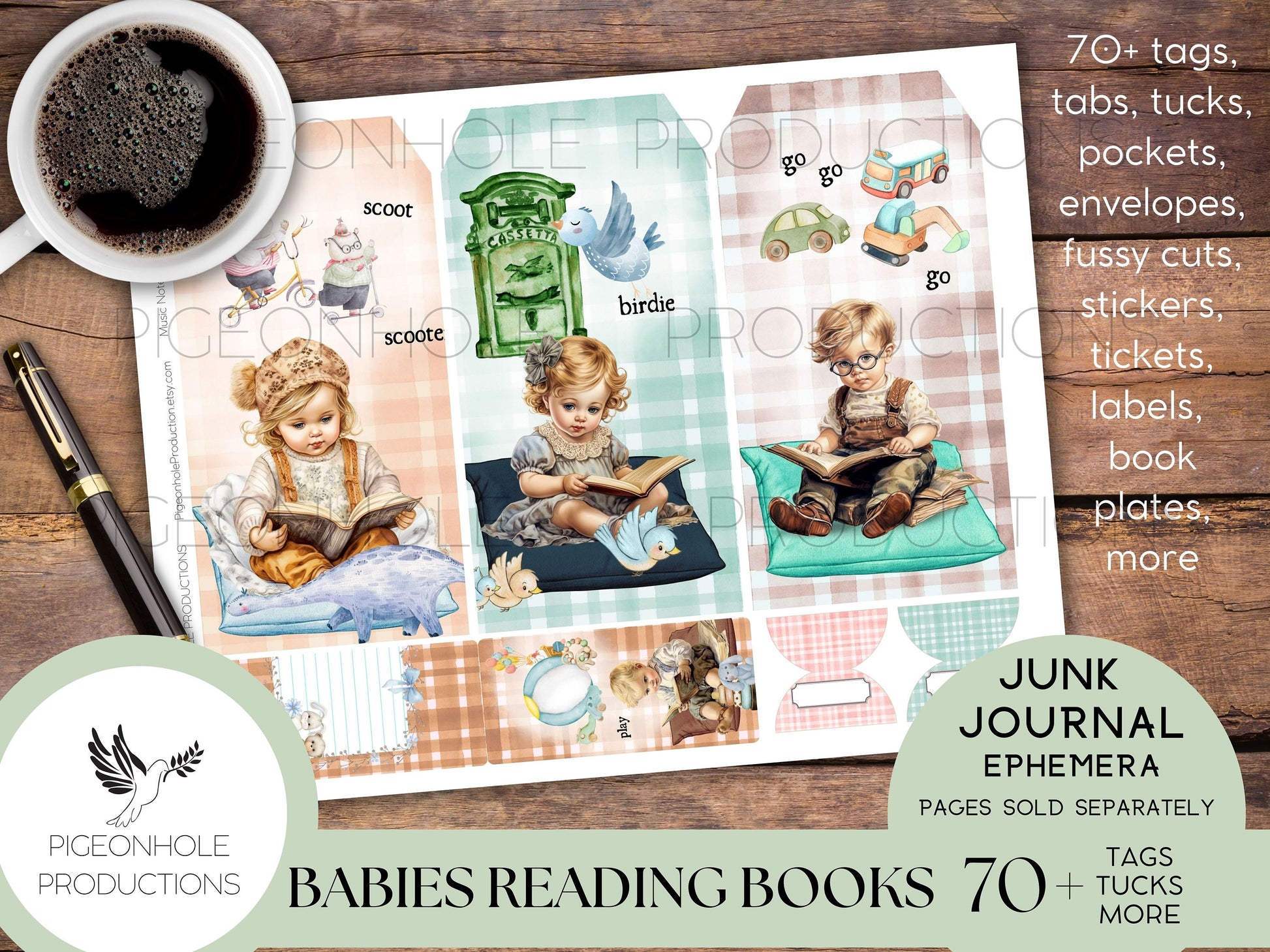 Babies Reading Books Junk Journal EPHEMERA, PRINTABLE, 70+ tags, tucks, pockets, envelopes, fussy cuts, stickers, tickets, labels, more!