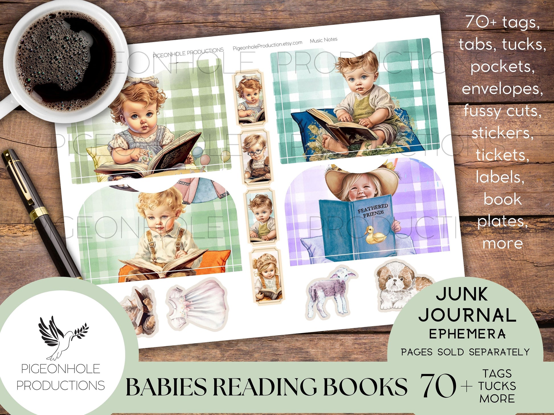 Babies Reading Books Junk Journal EPHEMERA, PRINTABLE, 70+ tags, tucks, pockets, envelopes, fussy cuts, stickers, tickets, labels, more!