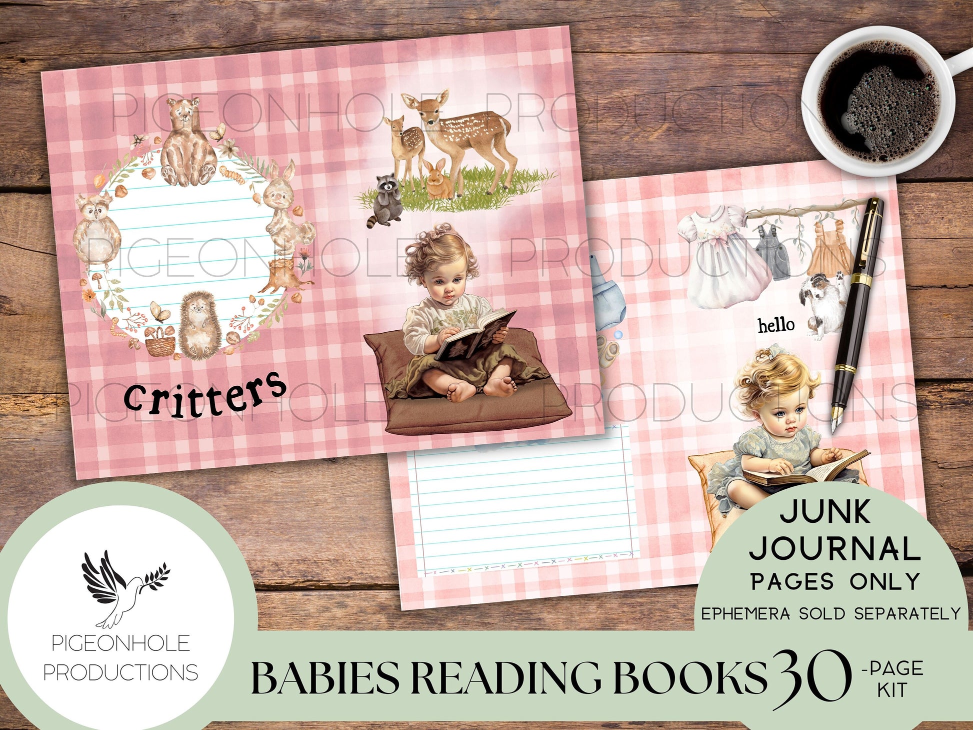Babies Reading Books Junk Journal Pages, PRINTABLE, 33 sheets of decorative pages, background papers & lined journal pages, pretty babies!