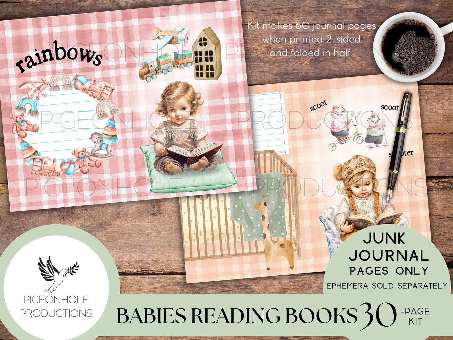 Babies Reading Books Junk Journal Pages, PRINTABLE, 33 sheets of decorative pages, background papers & lined journal pages, pretty babies!
