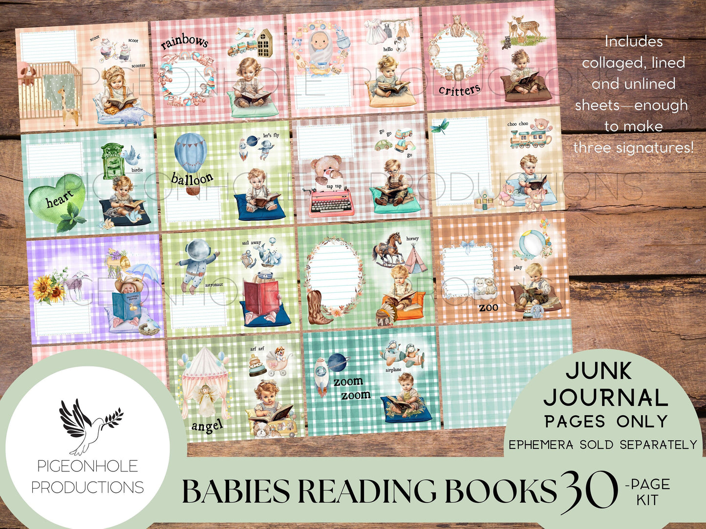 Babies Reading Books Junk Journal Pages, PRINTABLE, 33 sheets of decorative pages, background papers & lined journal pages, pretty babies!