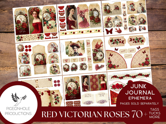 Red Victorian Roses Junk Journal EPHEMERA, PRINTABLE, 70+ tags, tucks, pockets, envelopes, fussy cuts, stickers, tickets, labels, bookplates