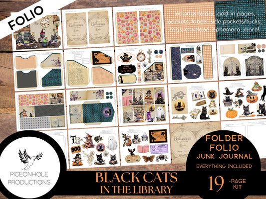 FOLDER FOLIO Black Cats In the Library Halloween Junk Journal, PRINTABLE, cover, backings, pockets, tags, envelope, fussy cuts, stickers