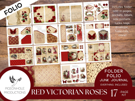 Red Victorian Roses Junk Journal FOLIO, PRINTABLE, cover, backings, pockets, belly band, tags, envelope, fussy cuts, very pretty kit!