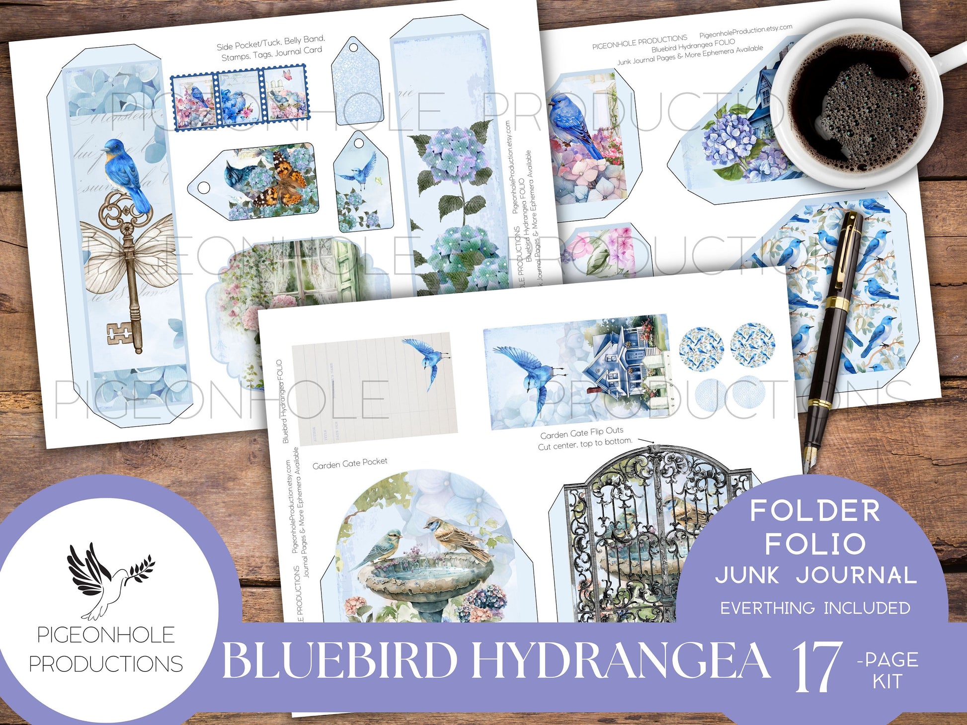 Bluebird Hydrangea Junk Journal FOLIO, PRINTABLE, cover, backings, pockets, belly band, tags, envelope, fussy cuts, very pretty kit!