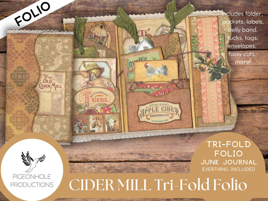 Cider Mill Junk Journal Tri-Fold FOLIO, PRINTABLE, cover, backings, pockets, belly band, tags, envelopes, fussy cuts, more!