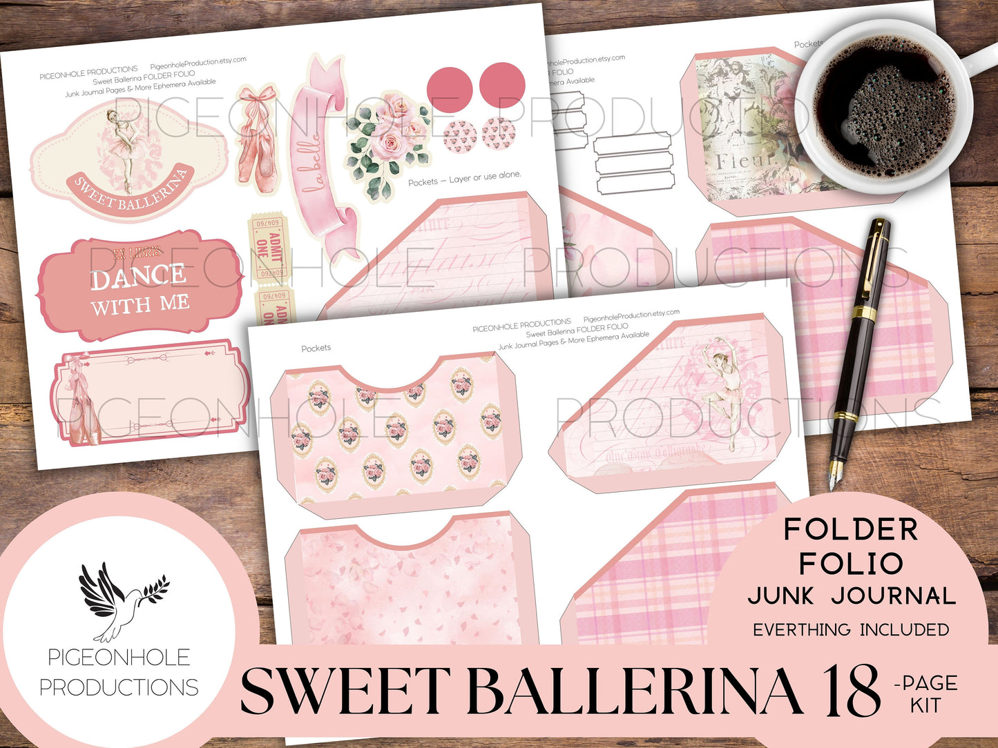 Sweet Ballerina Junk Journal FOLIO, PRINTABLE, cover, backings, pockets, belly band, tags, envelope, fussy cuts, more, very pretty kit!
