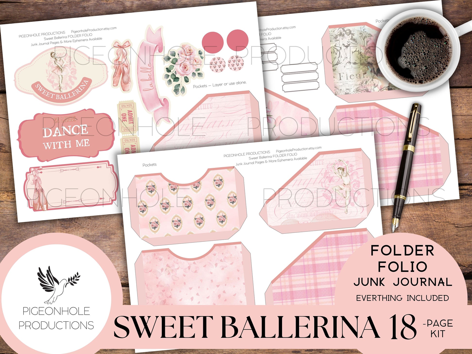 Sweet Ballerina Junk Journal FOLIO, PRINTABLE, cover, backings, pockets, belly band, tags, envelope, fussy cuts, more, very pretty kit!