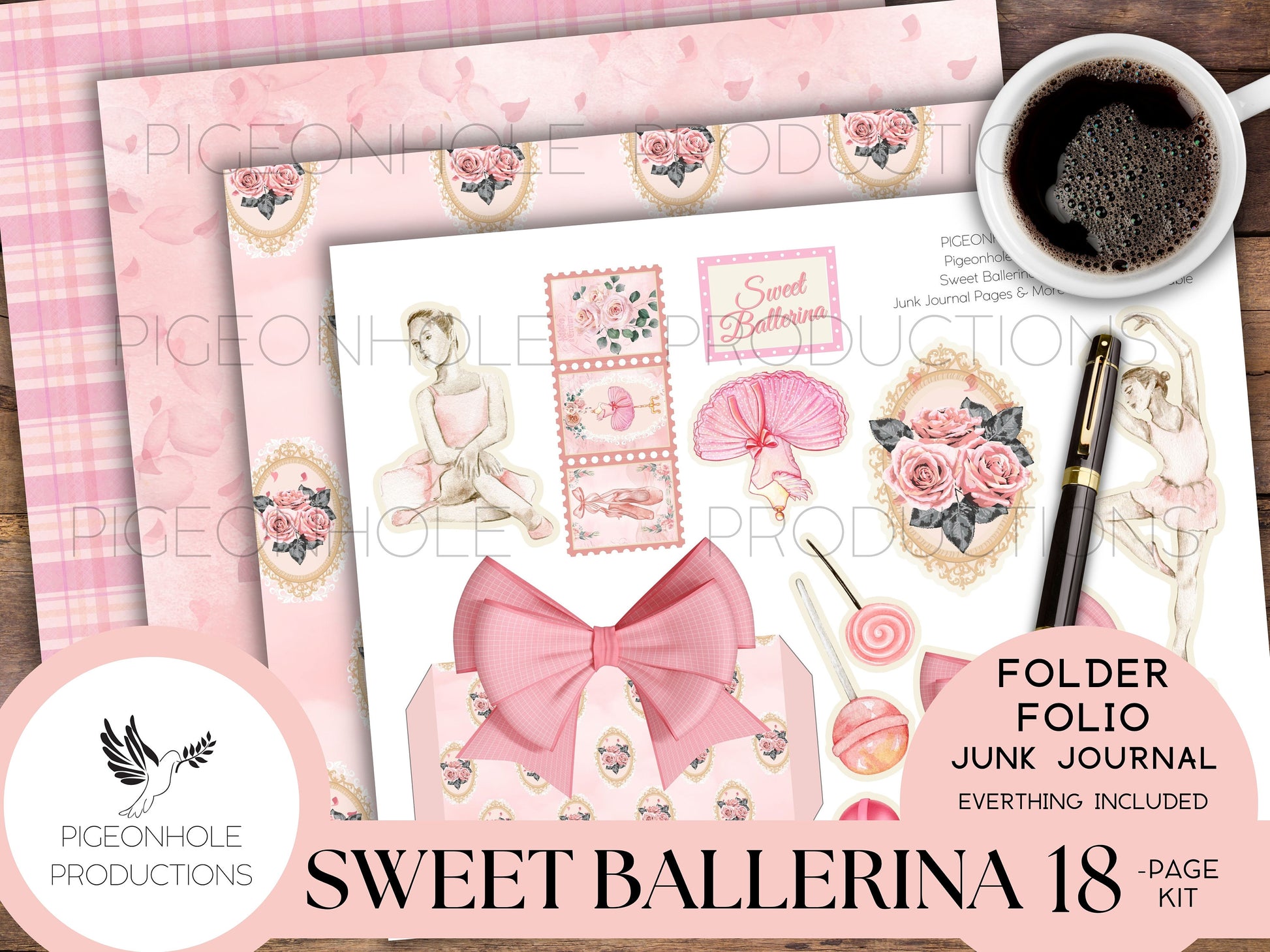 Sweet Ballerina Junk Journal FOLIO, PRINTABLE, cover, backings, pockets, belly band, tags, envelope, fussy cuts, more, very pretty kit!