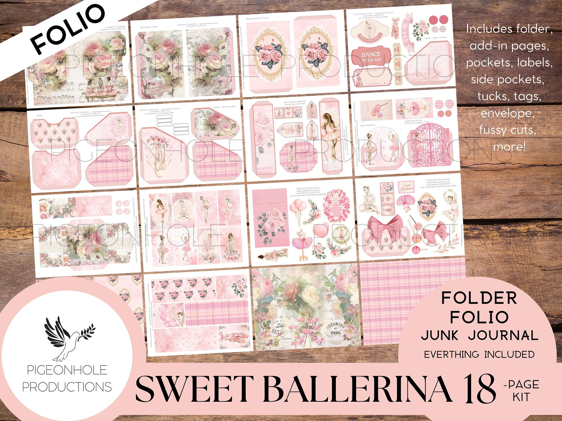 Sweet Ballerina Junk Journal FOLIO, PRINTABLE, cover, backings, pockets, belly band, tags, envelope, fussy cuts, more, very pretty kit!