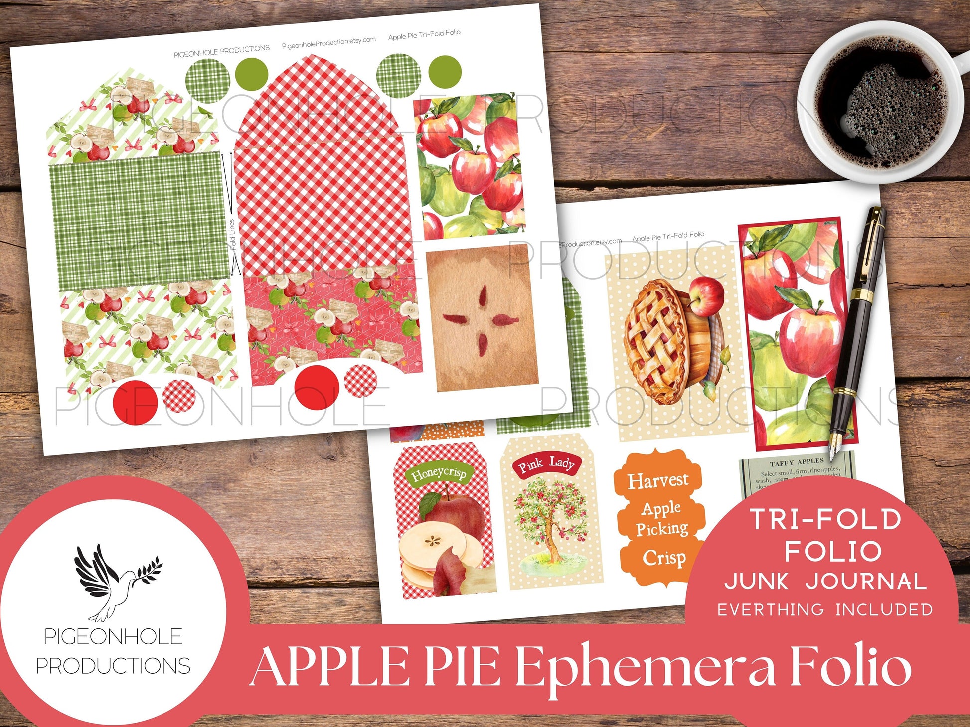 Apple Pie Junk Journal Tri-Fold EPHEMERA FOLIO, PRINTABLE, cover, backings, pockets, belly band, tags, envelopes, fussy cuts, more!