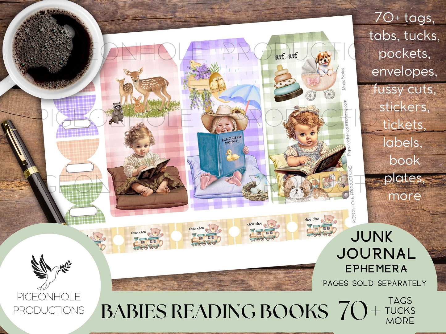 Babies Reading Books Junk Journal EPHEMERA, PRINTABLE, 70+ tags, tucks, pockets, envelopes, fussy cuts, stickers, tickets, labels, more!