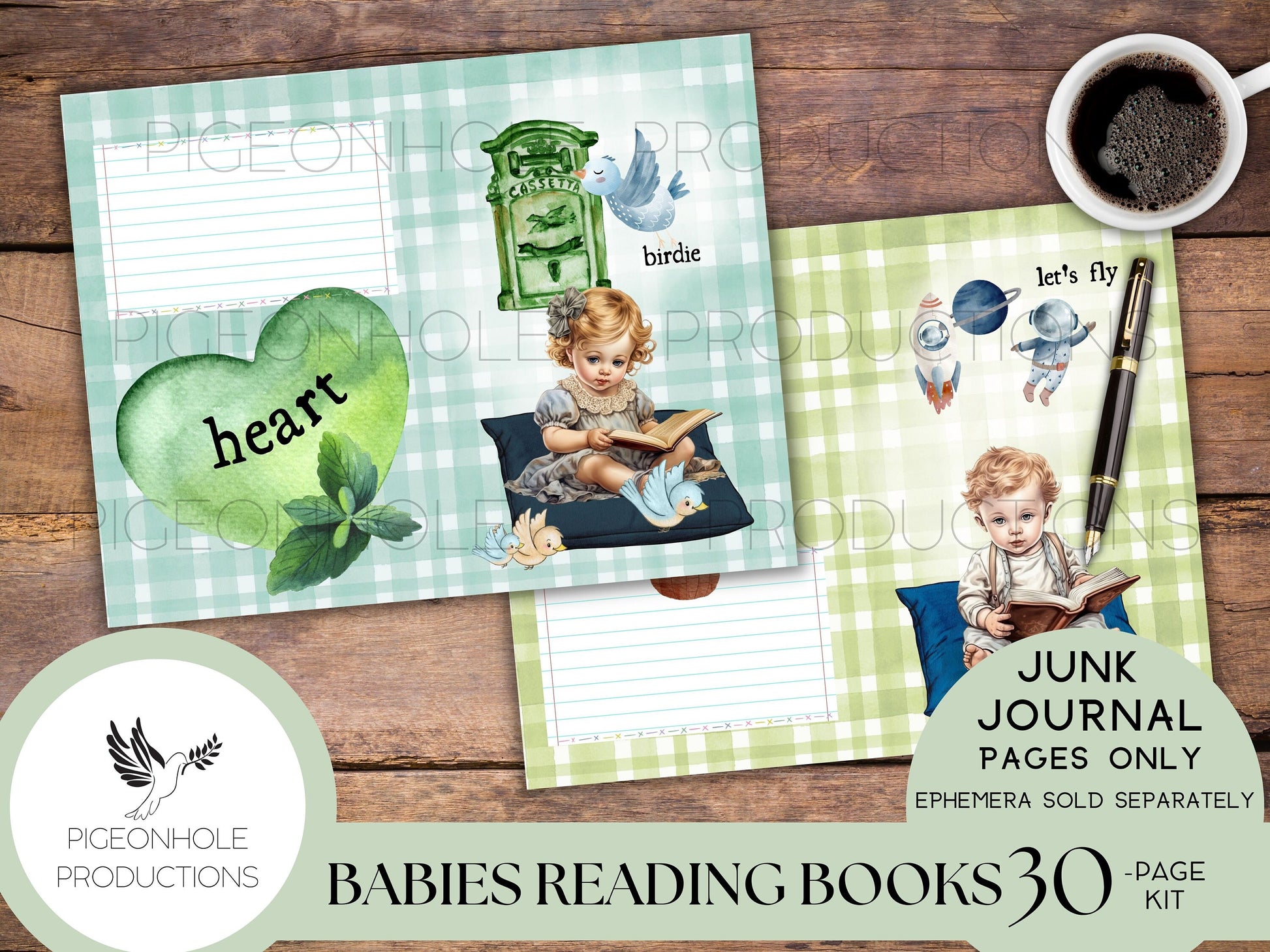 Babies Reading Books Junk Journal Pages, PRINTABLE, 33 sheets of decorative pages, background papers & lined journal pages, pretty babies!