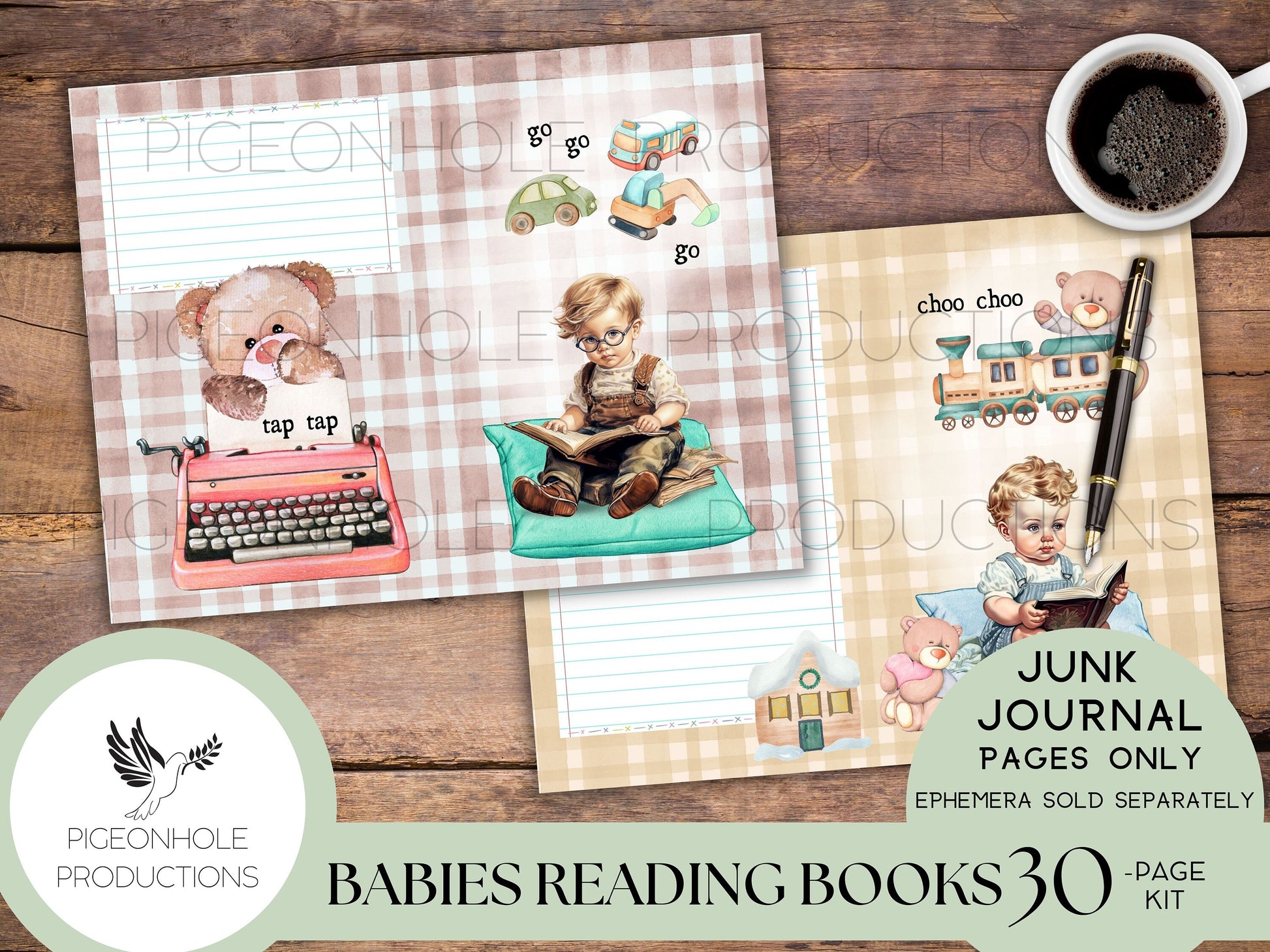 Babies Reading Books Junk Journal Pages, PRINTABLE, 33 sheets of decorative pages, background papers & lined journal pages, pretty babies!
