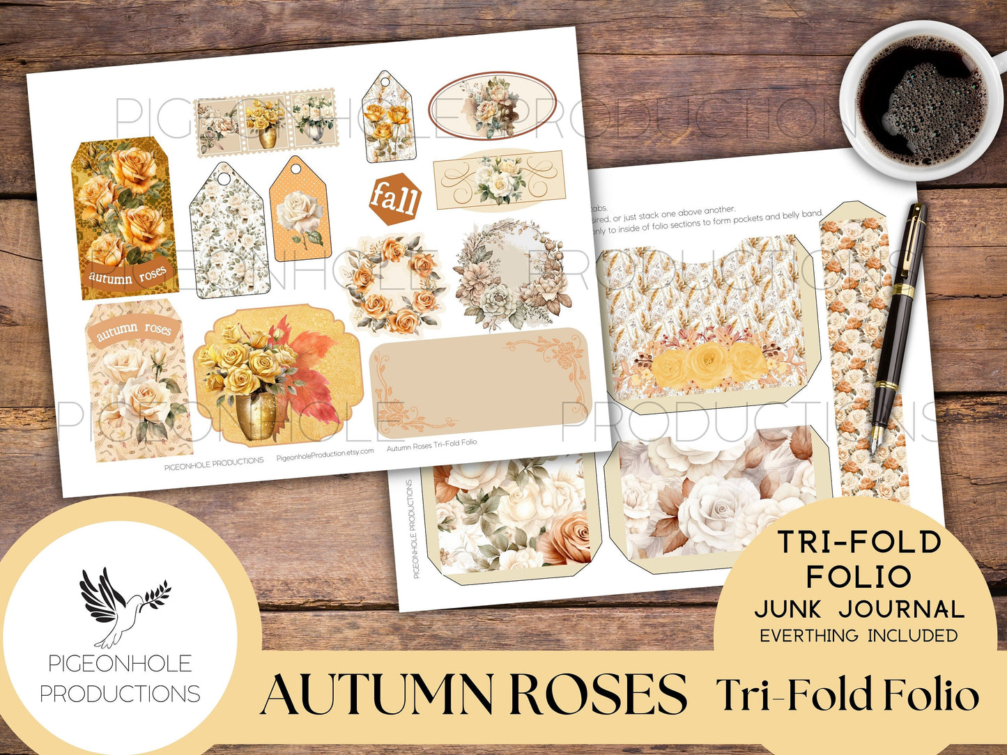 Autumn Roses Junk Journal Tri-Fold EPHEMERA FOLIO, PRINTABLE, cover, backings, pockets, belly band, tags, envelopes, fussy cuts, more!