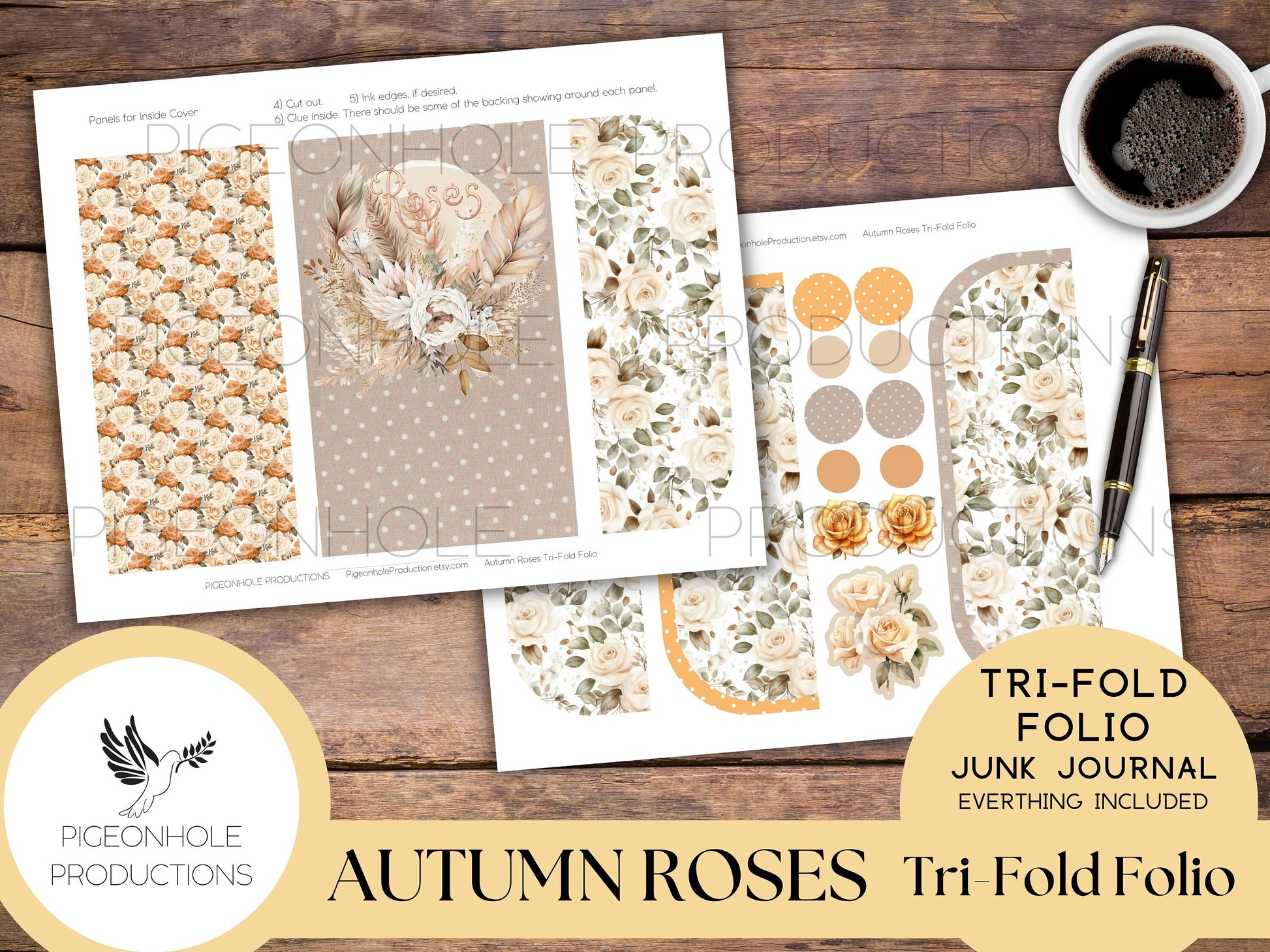 Autumn Roses Junk Journal Tri-Fold EPHEMERA FOLIO, PRINTABLE, cover, backings, pockets, belly band, tags, envelopes, fussy cuts, more!