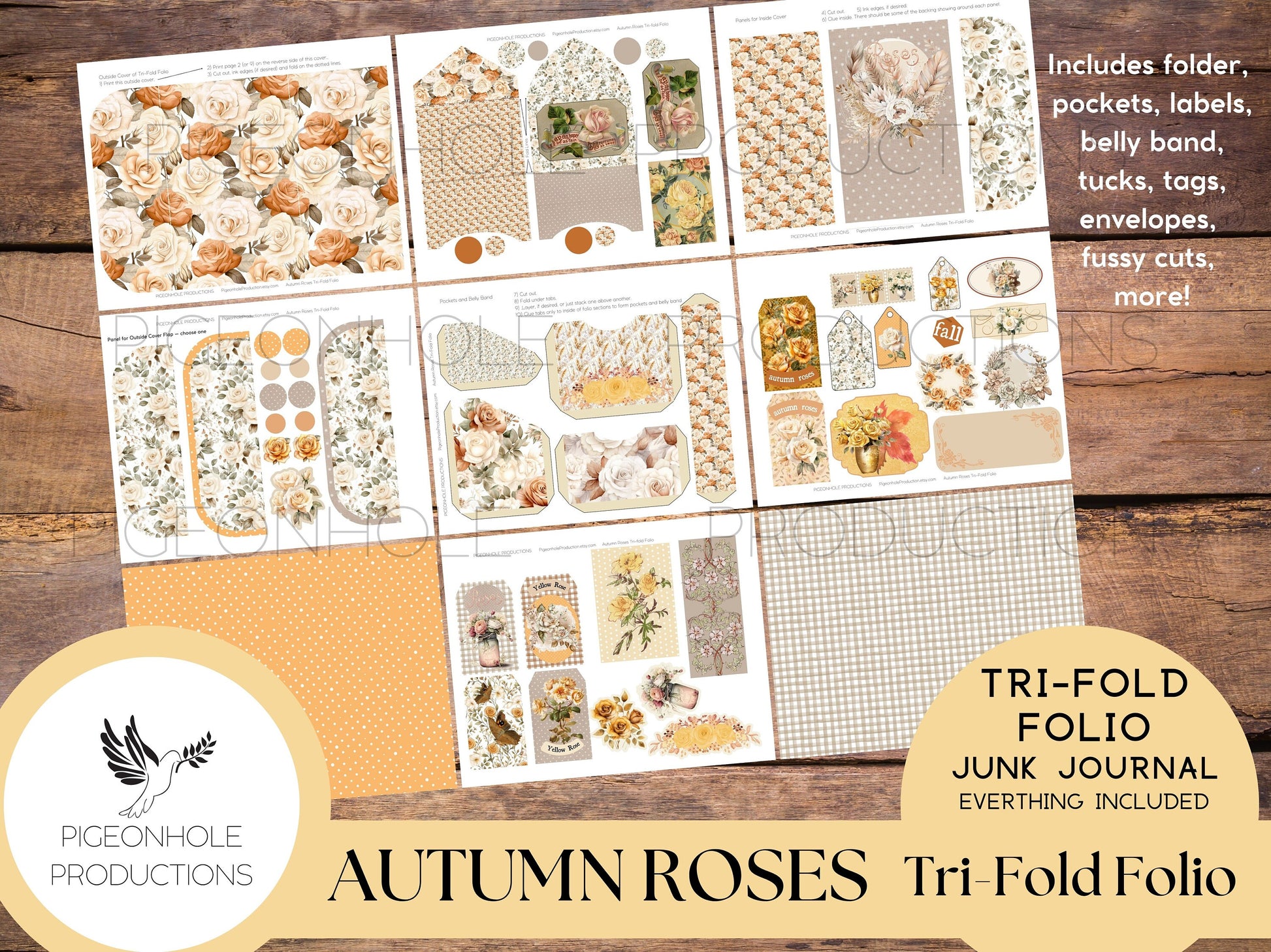 Autumn Roses Junk Journal Tri-Fold EPHEMERA FOLIO, PRINTABLE, cover, backings, pockets, belly band, tags, envelopes, fussy cuts, more!