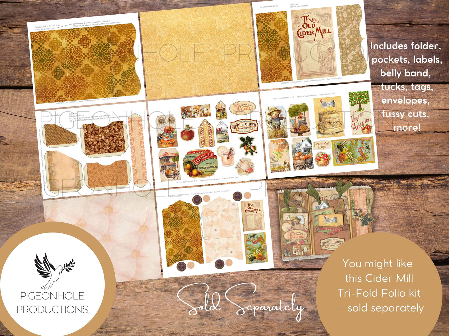 Autumn Roses Junk Journal Tri-Fold EPHEMERA FOLIO, PRINTABLE, cover, backings, pockets, belly band, tags, envelopes, fussy cuts, more!