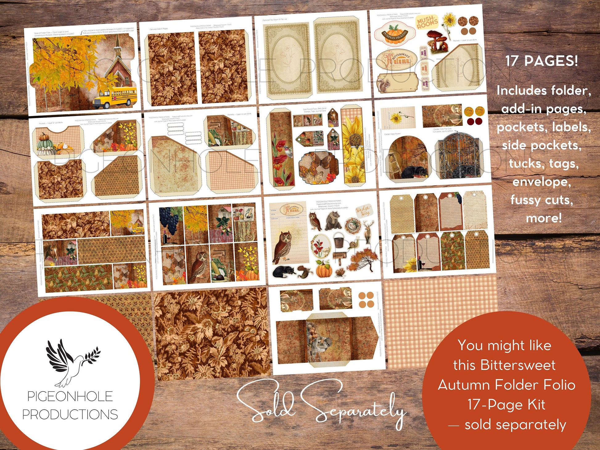 Autumn Roses Junk Journal Tri-Fold EPHEMERA FOLIO, PRINTABLE, cover, backings, pockets, belly band, tags, envelopes, fussy cuts, more!