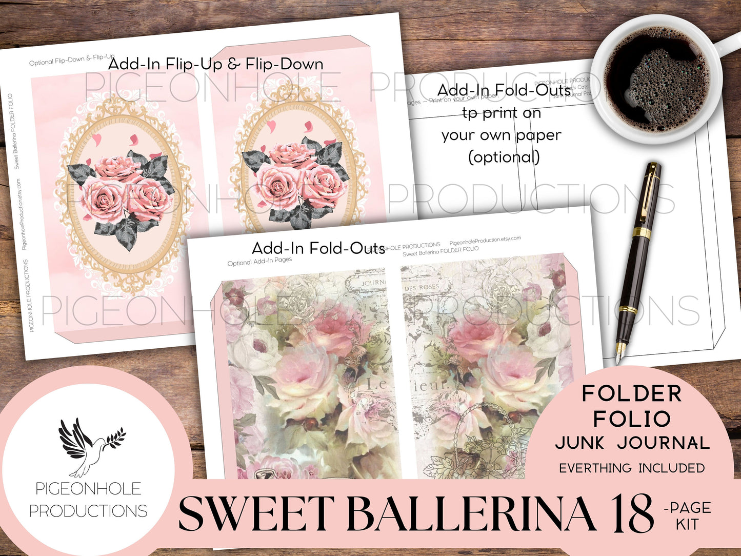 Sweet Ballerina Junk Journal FOLIO, PRINTABLE, cover, backings, pockets, belly band, tags, envelope, fussy cuts, more, very pretty kit!