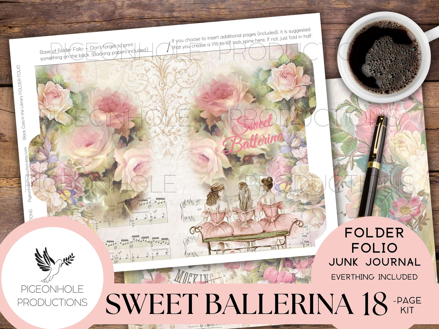 Sweet Ballerina Junk Journal FOLIO, PRINTABLE, cover, backings, pockets, belly band, tags, envelope, fussy cuts, more, very pretty kit!
