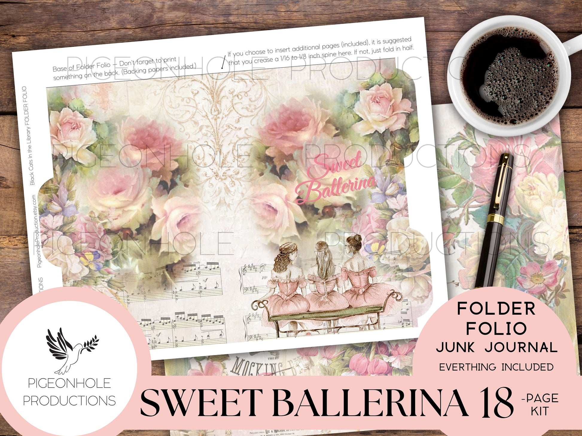 Sweet Ballerina Junk Journal FOLIO, PRINTABLE, cover, backings, pockets, belly band, tags, envelope, fussy cuts, more, very pretty kit!