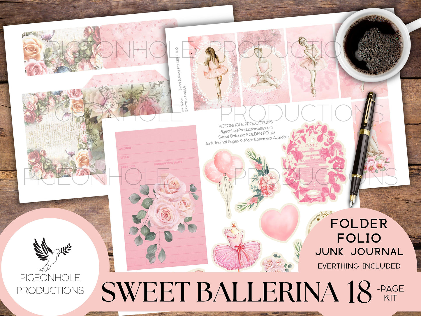 Sweet Ballerina Junk Journal FOLIO, PRINTABLE, cover, backings, pockets, belly band, tags, envelope, fussy cuts, more, very pretty kit!