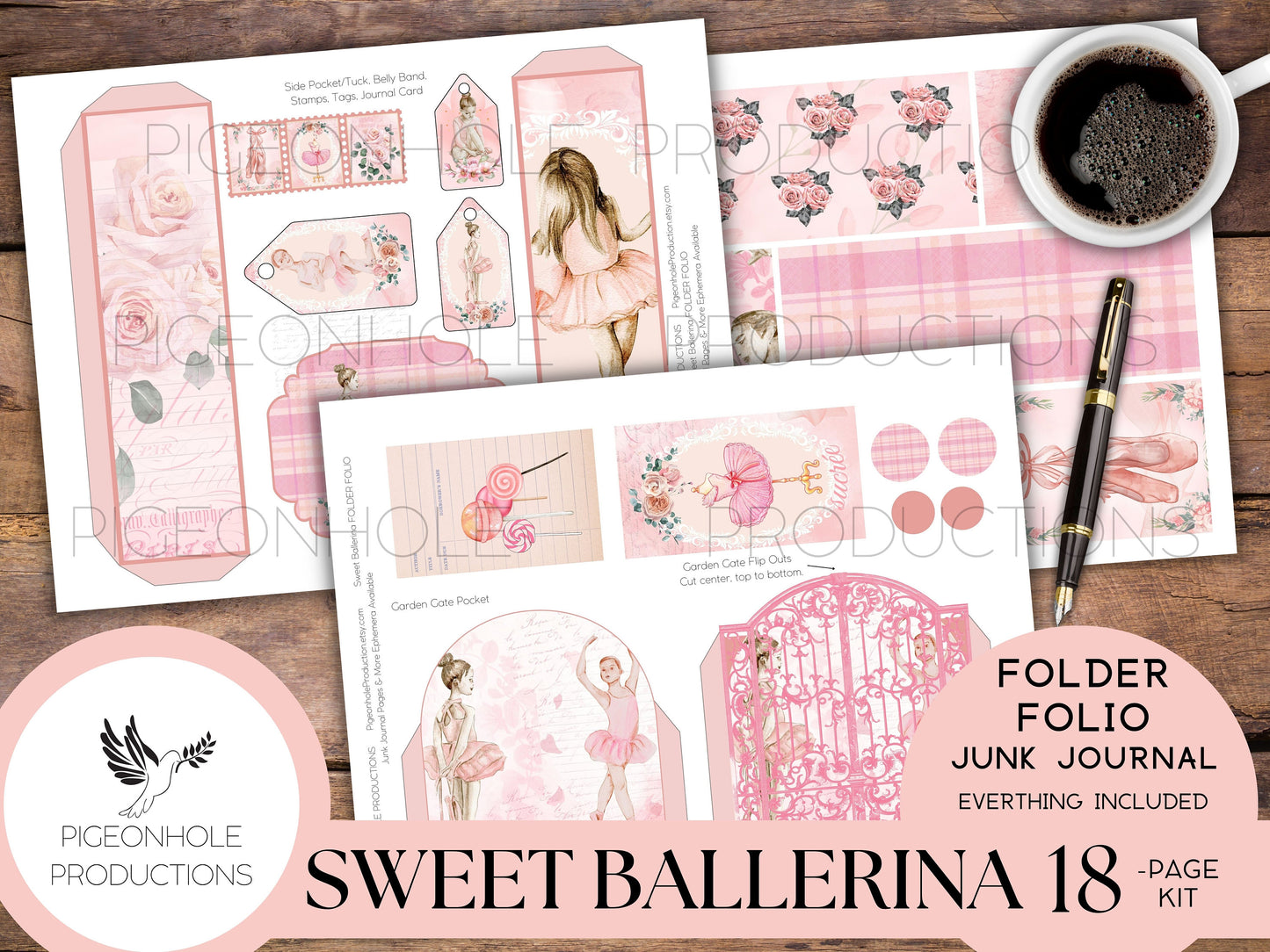 Sweet Ballerina Junk Journal FOLIO, PRINTABLE, cover, backings, pockets, belly band, tags, envelope, fussy cuts, more, very pretty kit!