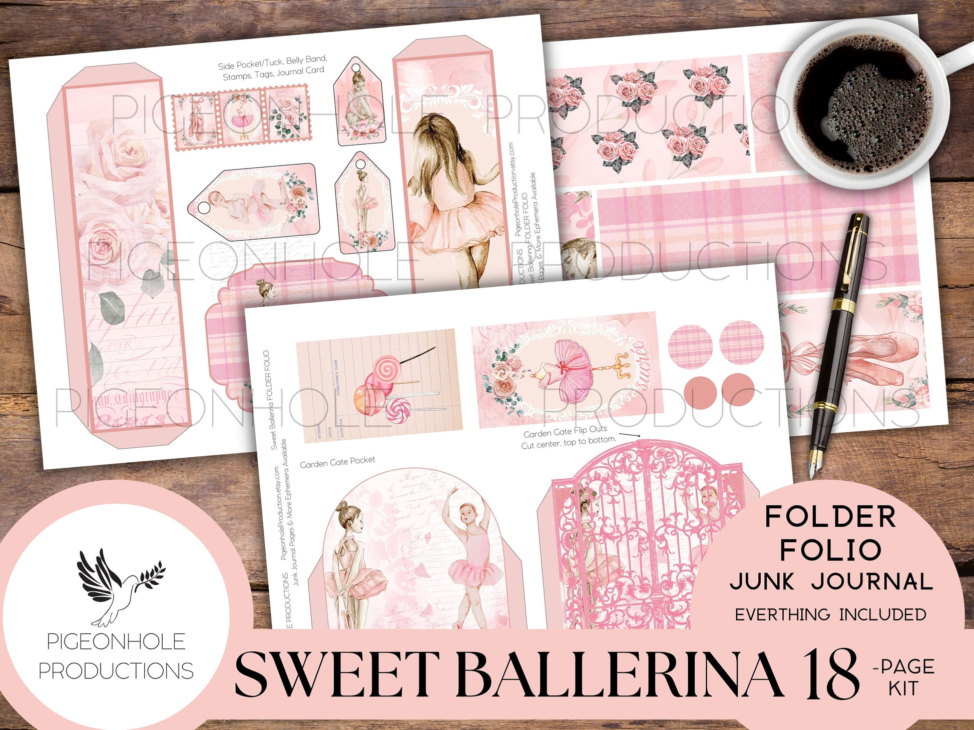 Sweet Ballerina Junk Journal FOLIO, PRINTABLE, cover, backings, pockets, belly band, tags, envelope, fussy cuts, more, very pretty kit!