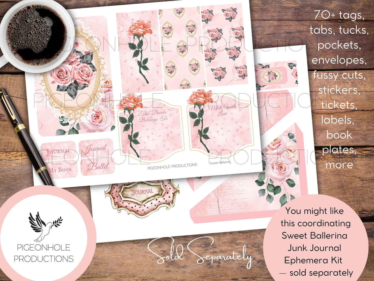 Sweet Ballerina Junk Journal FOLIO, PRINTABLE, cover, backings, pockets, belly band, tags, envelope, fussy cuts, more, very pretty kit!