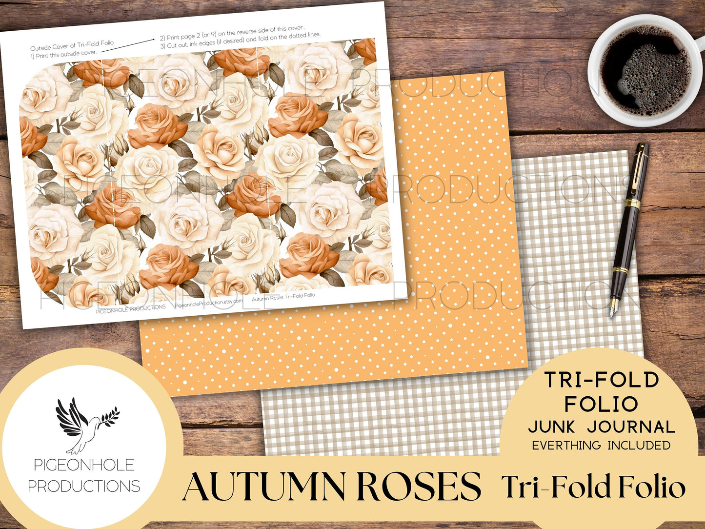 Autumn Roses Junk Journal Tri-Fold EPHEMERA FOLIO, PRINTABLE, cover, backings, pockets, belly band, tags, envelopes, fussy cuts, more!