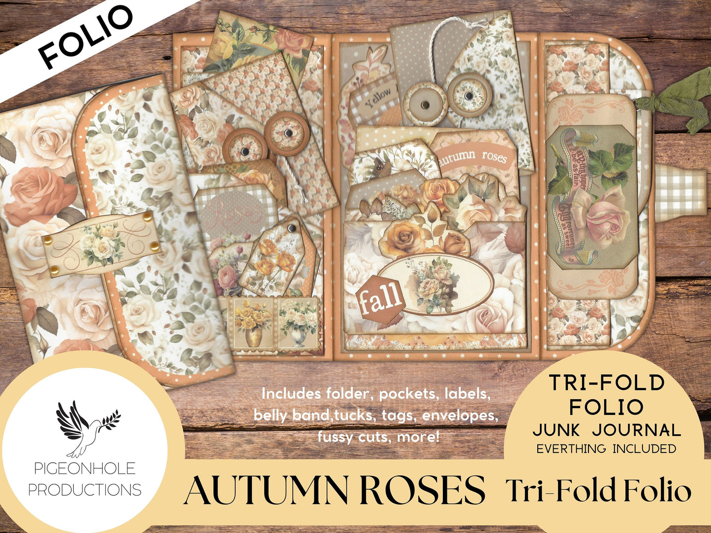 Autumn Roses Junk Journal Tri-Fold EPHEMERA FOLIO, PRINTABLE, cover, backings, pockets, belly band, tags, envelopes, fussy cuts, more!
