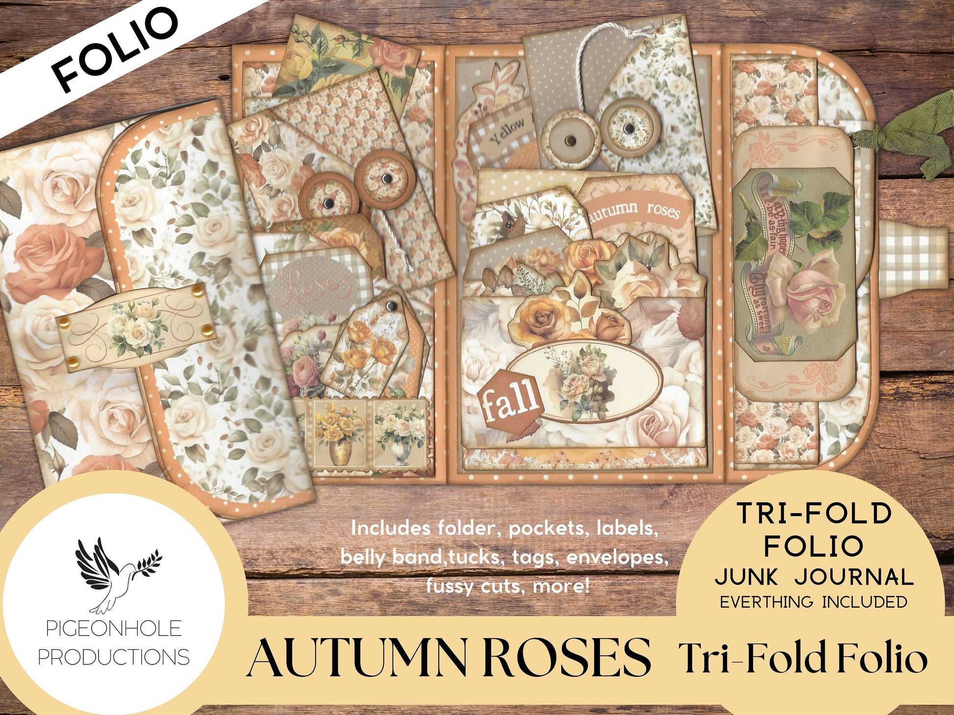 Autumn Roses Junk Journal Tri-Fold EPHEMERA FOLIO, PRINTABLE, cover, backings, pockets, belly band, tags, envelopes, fussy cuts, more!