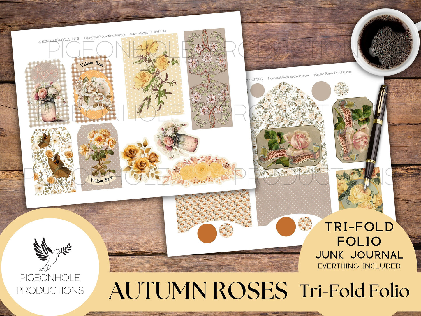 Autumn Roses Junk Journal Tri-Fold EPHEMERA FOLIO, PRINTABLE, cover, backings, pockets, belly band, tags, envelopes, fussy cuts, more!