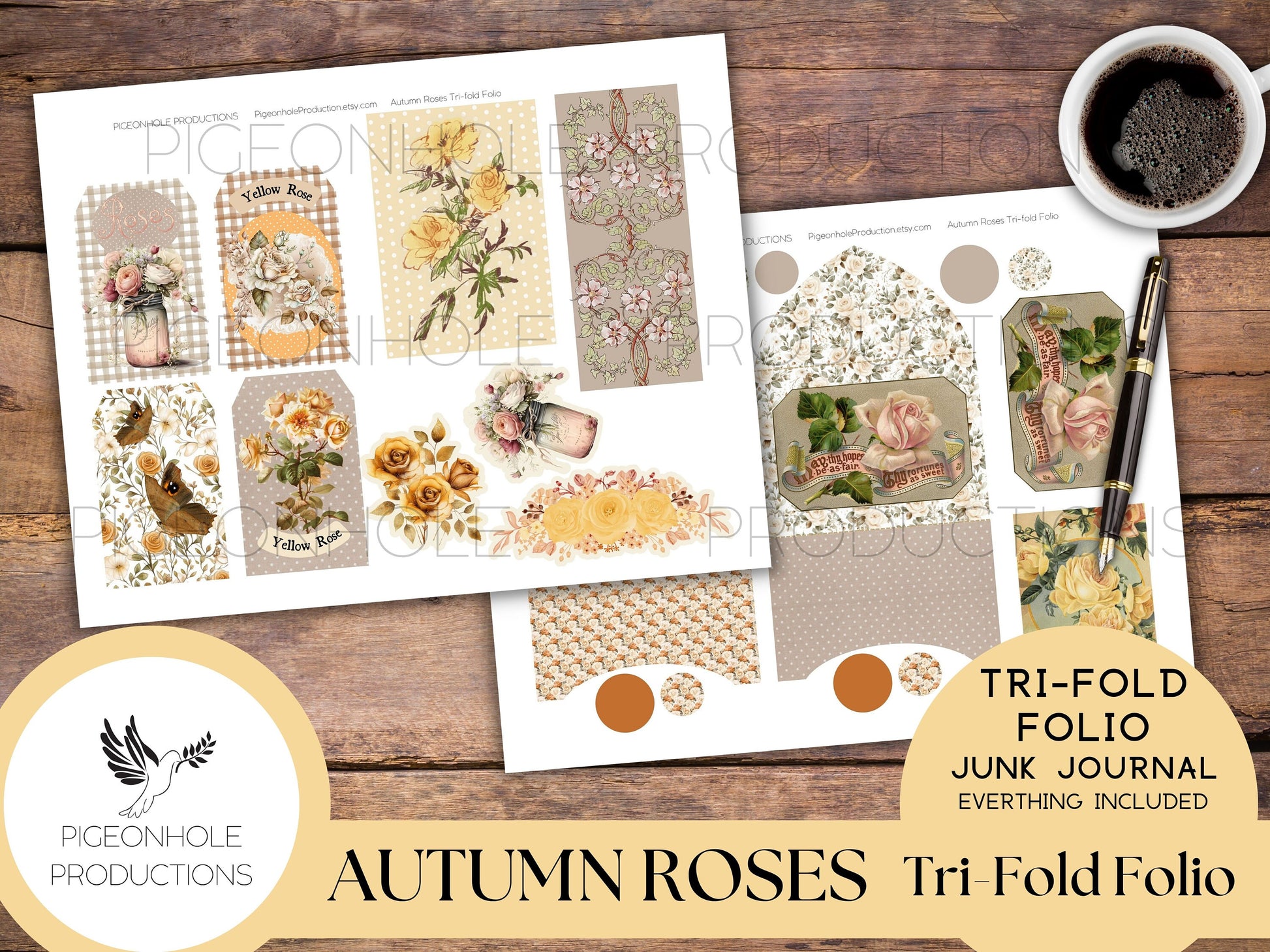 Autumn Roses Junk Journal Tri-Fold EPHEMERA FOLIO, PRINTABLE, cover, backings, pockets, belly band, tags, envelopes, fussy cuts, more!