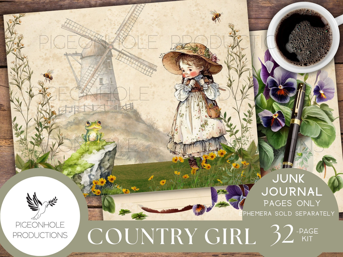 Country Girl Junk Journal Pages Only Kit, PRINTABLE, 32 collage, lined & unlined sheets, sweet girls, flowers, animals, bugs, country scenes