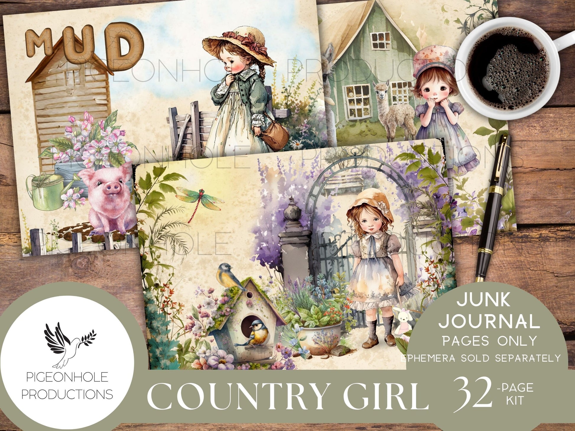 Country Girl Junk Journal Pages Only Kit, PRINTABLE, 32 collage, lined & unlined sheets, sweet girls, flowers, animals, bugs, country scenes