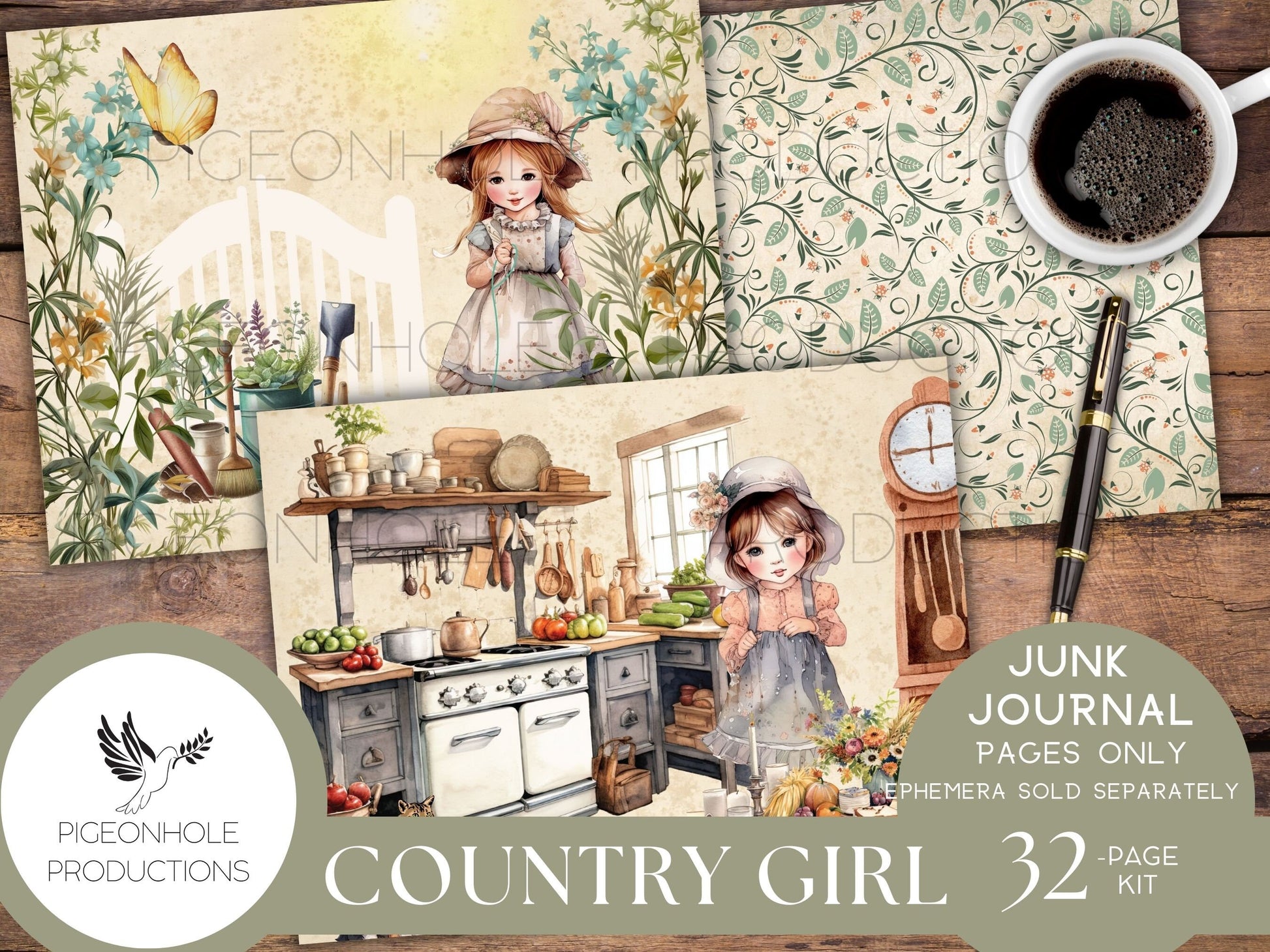 Country Girl Junk Journal Pages Only Kit, PRINTABLE, 32 collage, lined & unlined sheets, sweet girls, flowers, animals, bugs, country scenes