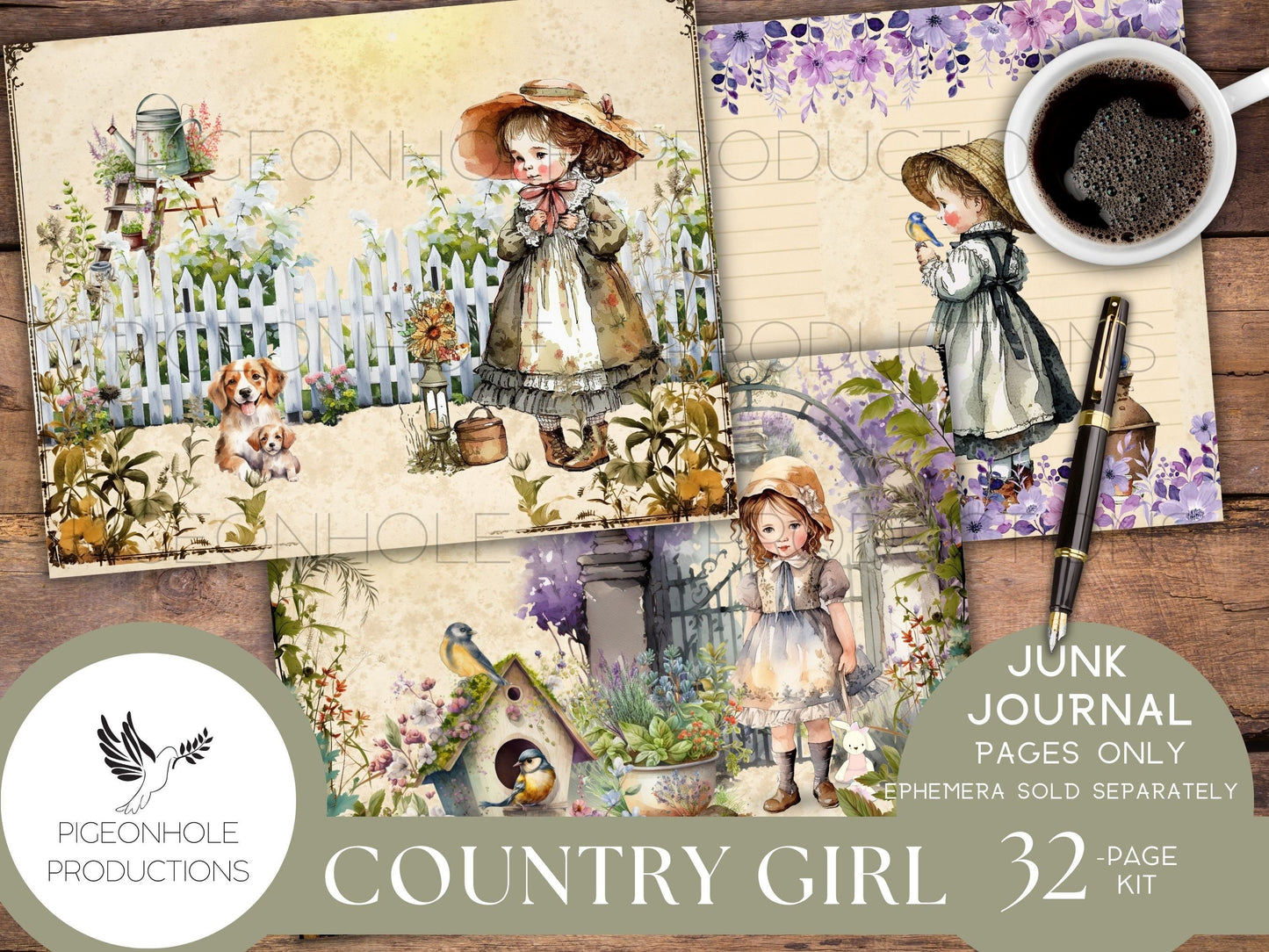 Country Girl Junk Journal Pages Only Kit, PRINTABLE, 32 collage, lined & unlined sheets, sweet girls, flowers, animals, bugs, country scenes