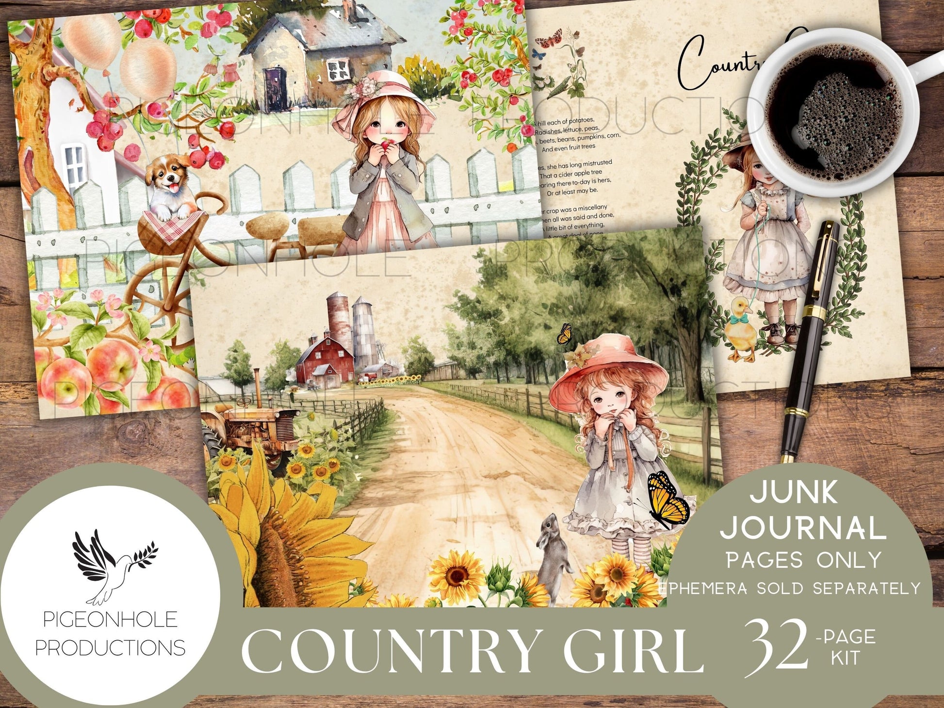 Country Girl Junk Journal Pages Only Kit, PRINTABLE, 32 collage, lined & unlined sheets, sweet girls, flowers, animals, bugs, country scenes