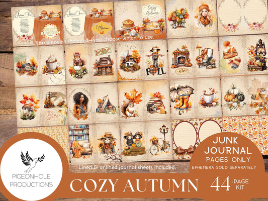 Cozy Autumn Junk Journal Pages Only Kit, PRINTABLE, 44 sheets of collaged, lined & unlined sheets, rich fall colors and images for crafting