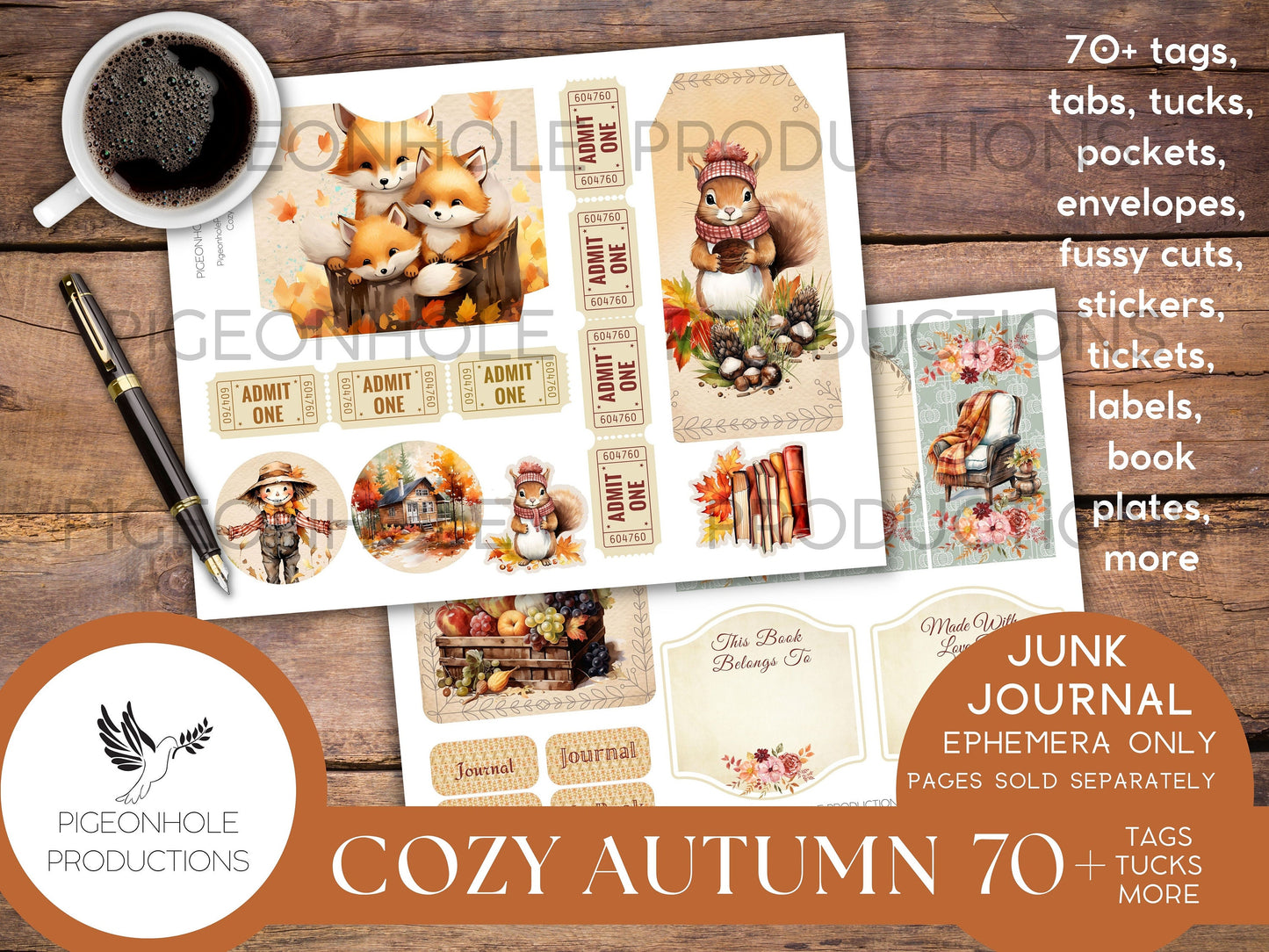 Cozy Autumn Junk Journal EPHEMERA, PRINTABLE, 70+ tags, tucks, pockets, envelopes, fussy cuts, stickers, tickets, labels, bookplates, more!