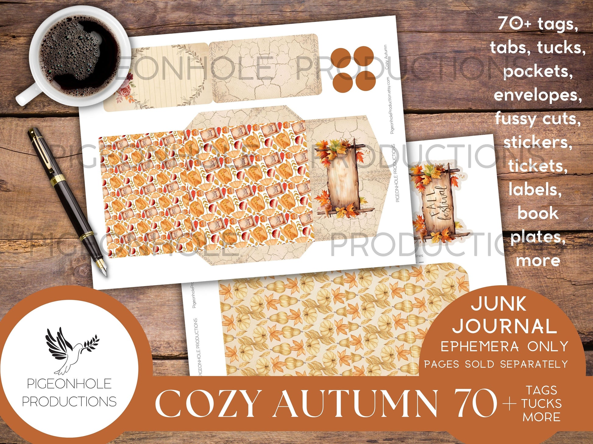 Cozy Autumn Junk Journal EPHEMERA, PRINTABLE, 70+ tags, tucks, pockets, envelopes, fussy cuts, stickers, tickets, labels, bookplates, more!