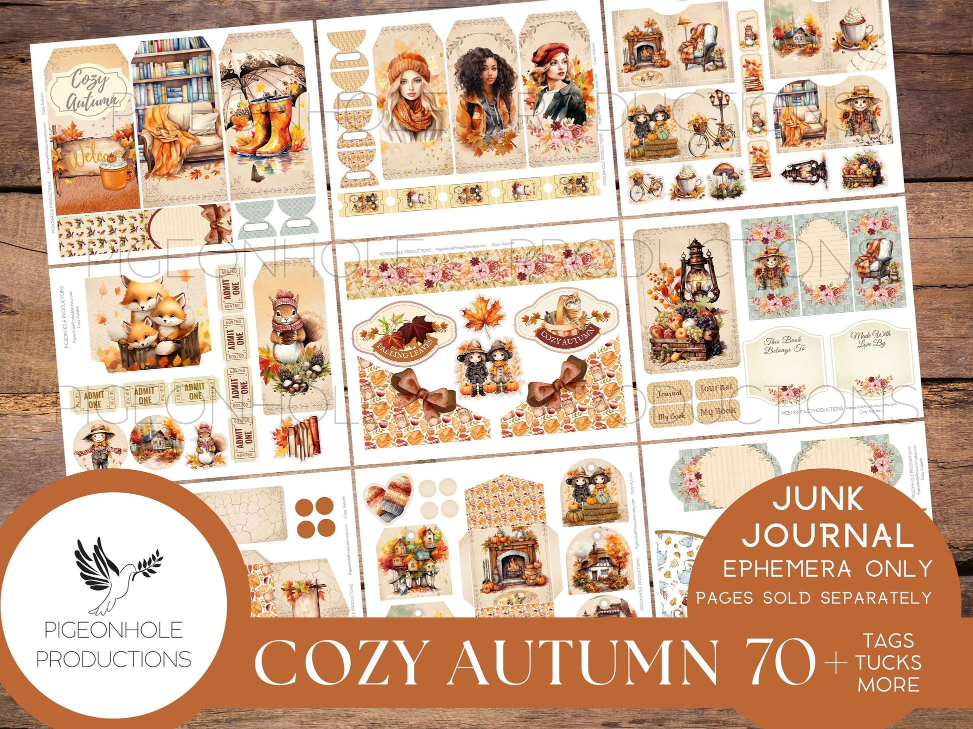 Cozy Autumn Junk Journal EPHEMERA, PRINTABLE, 70+ tags, tucks, pockets, envelopes, fussy cuts, stickers, tickets, labels, bookplates, more!