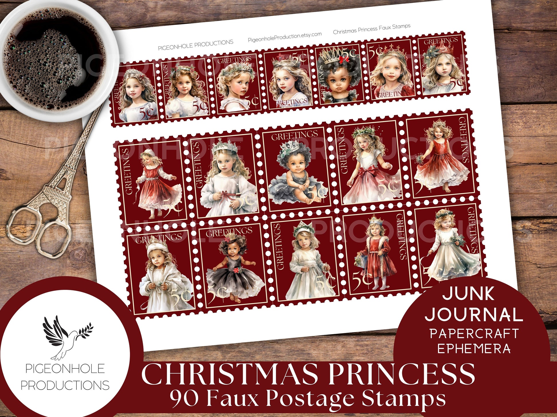 Christmas Princess Faux Postage Stamps, PRINTABLE, for junk journals, planners, scrapbooking, collage, or print on sticker paper