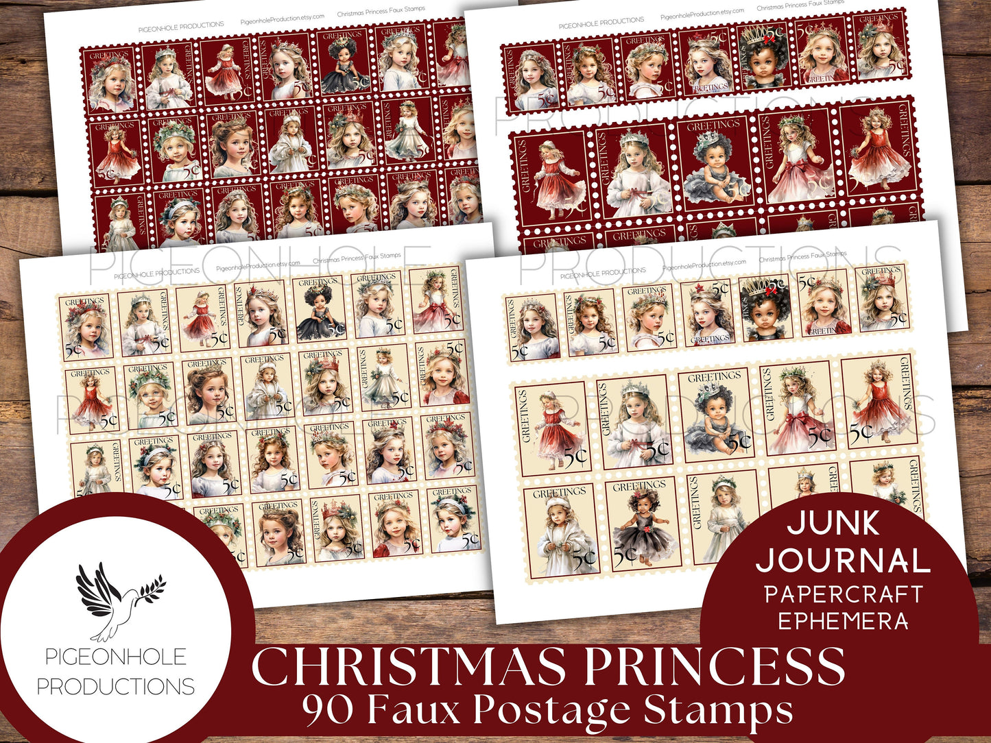 Christmas Princess Faux Postage Stamps, PRINTABLE, for junk journals, planners, scrapbooking, collage, or print on sticker paper