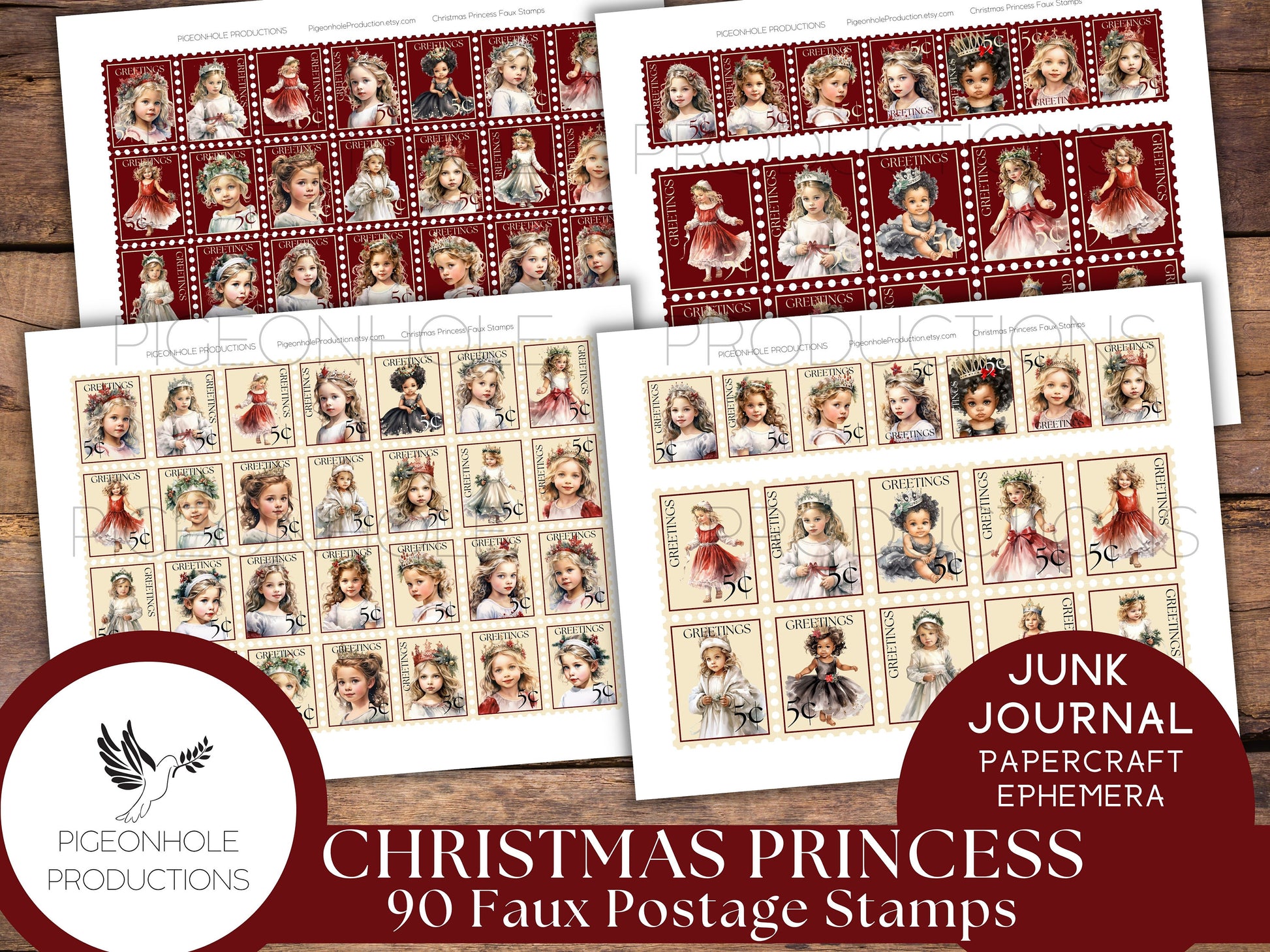Christmas Princess Faux Postage Stamps, PRINTABLE, for junk journals, planners, scrapbooking, collage, or print on sticker paper